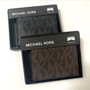 2pc MICHAEL KORS Slim Billfold Wallet Set Black Gray / Brown Logo Boxed Gift NWT